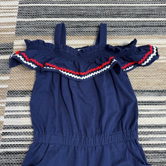 Janie and Jack Girls Ric Rac Cold Shoulder Romper 100% Cotton Patriotic Blue 7 - Picture 2 of 8